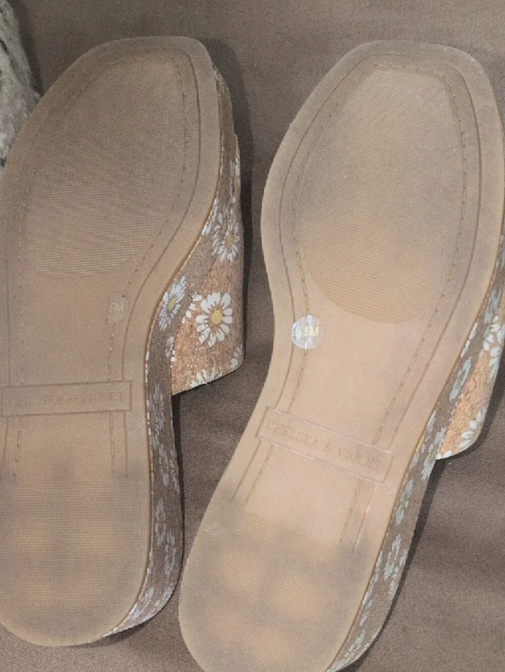 Chelsea & Violet daisy-patterned cork wedge heel.